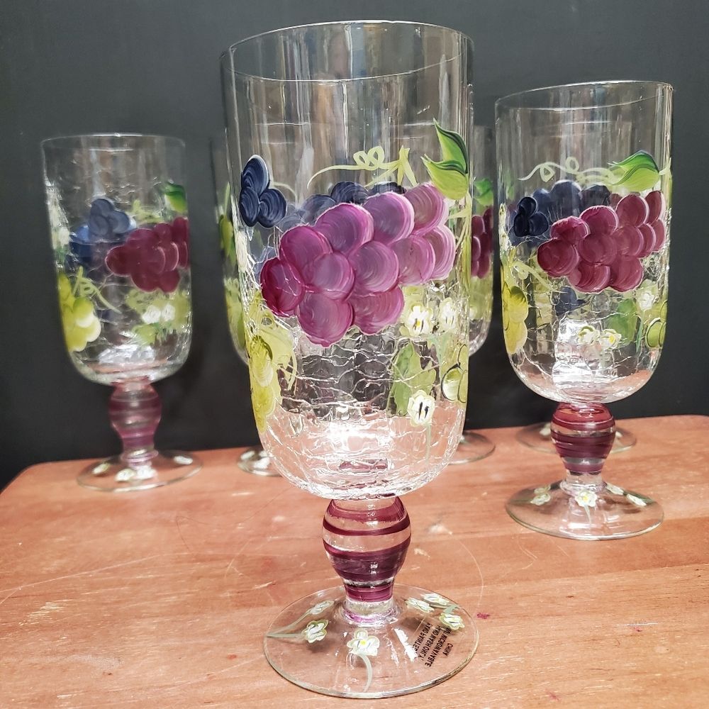 6 Vintage 1990's Crackled Glass Hand Painted Grapes Water or Iced Teas Glasses